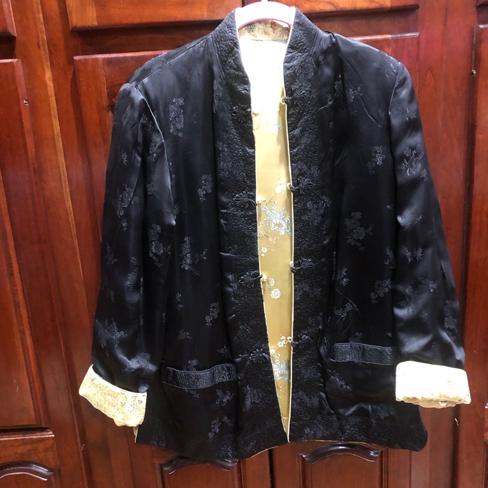 Vintage Chinese Brocade Jacket Sz 38 (M) Gold Floral Mandarin Collar Reversible - Picture 13 of 16